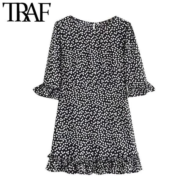 

traf women chic fashion polka dot ruffled mini dress vintage short sleeve back zipper female dresses vestidos mujer 210415, Black;gray