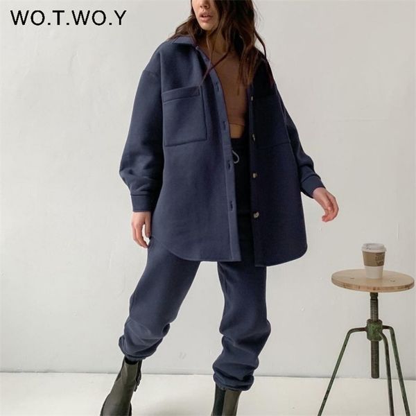 

wotwoy single breasted oversized fleece winter jacket and pants two piece matching sets women warm coats female sweatpants 211007, White