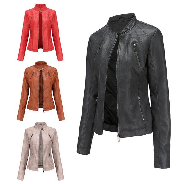 

women's jackets 2021 brand designer leather women short slim jacket zipper solid long sleeve pu faux outerwear coat womens clothing, Black;brown