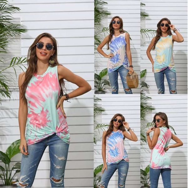 

women's t-shirt autumn tie dye print gradient sleeveless vest fopl, White