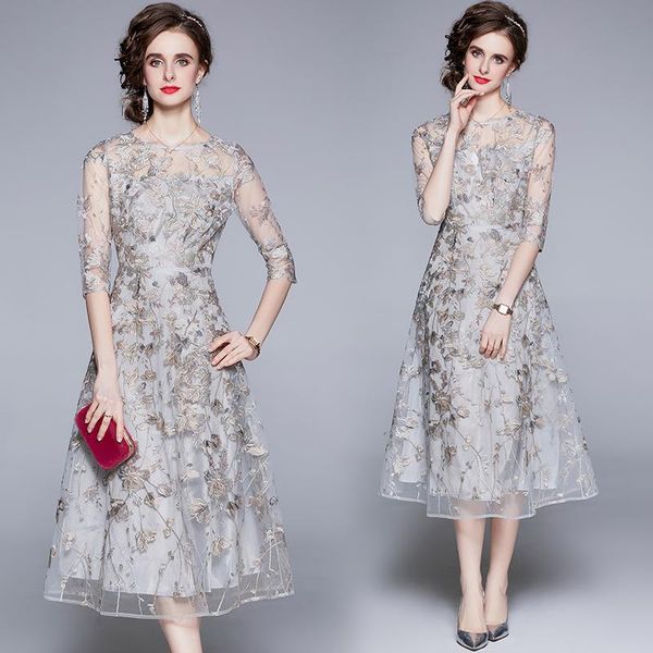 

casual dresses simgent 2021 spring summer women embroidery three quarter sleeve a line elegant party lace bridesmaid dress sg14274, Black;gray