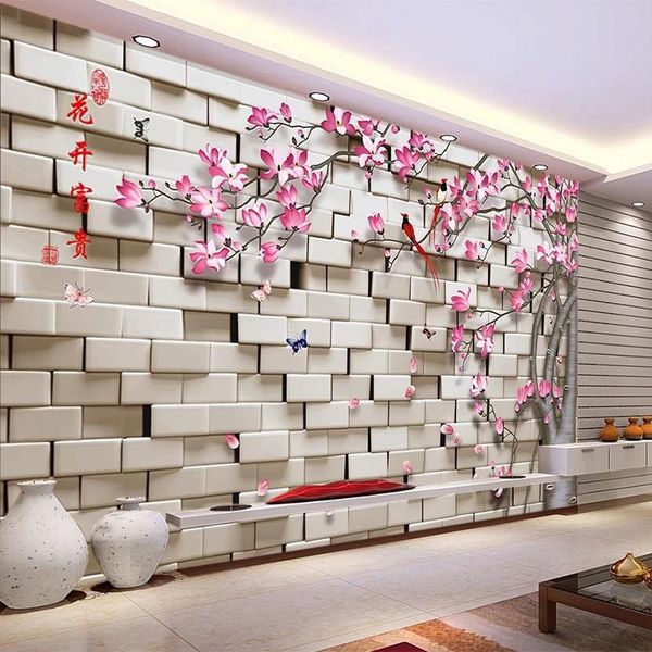

custom po 3d stereoscopic geometric lattice flower bird tree living room sofa tv background mural decor wallpaper waterproof wallpapers