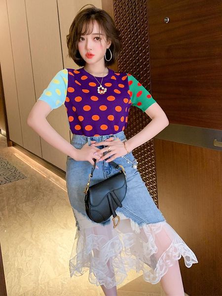 

women's tracksuits trendy contrast polka dot knitwear t-shirt + denim stitching lace overskirt suit fashion summer, Gray