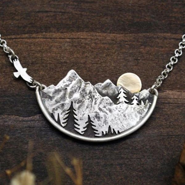 

charm chain pendant necklaces for women female adventure awaits mountain landscape necklace wedding party jewelry, Silver