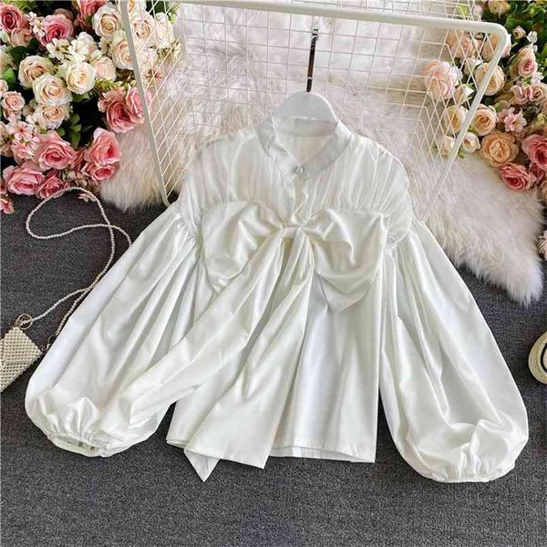 

spring autumn fashion temperament shirt women's bowknot lantern sleeve retro loose blouse women uk655 210506, White