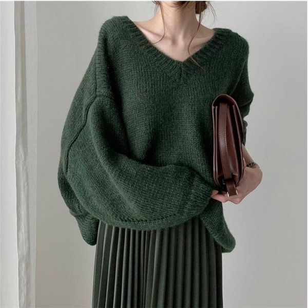 

women's sweaters 2021 fall woman sweater loose deep v-neck one shoulder green white knitter korean winter clothes cl780, White;black