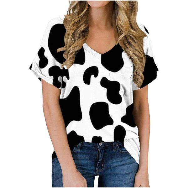 

women's t-shirt cow pattern summer t-shirts short sleeve v-neck ladies tees casual hipster t shirt female pulovers camiseta clothes, White