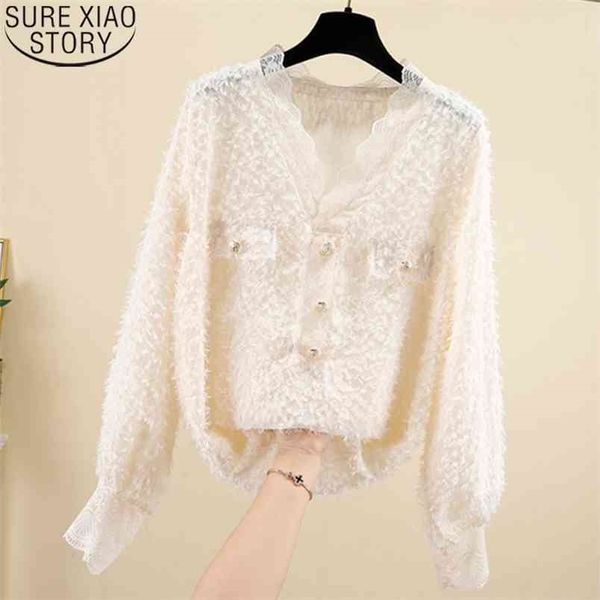 

women lace blouse fashion autumn tassel v-neck floral shirt long sleeve blouses blusas casual clothes 10469 210506, White