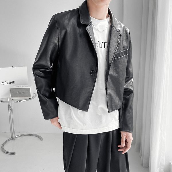 

men's leather & faux jacket korean streetwear vintage fashion loose casual short pu cardigan man japanese harajuku coat xjv2, Black