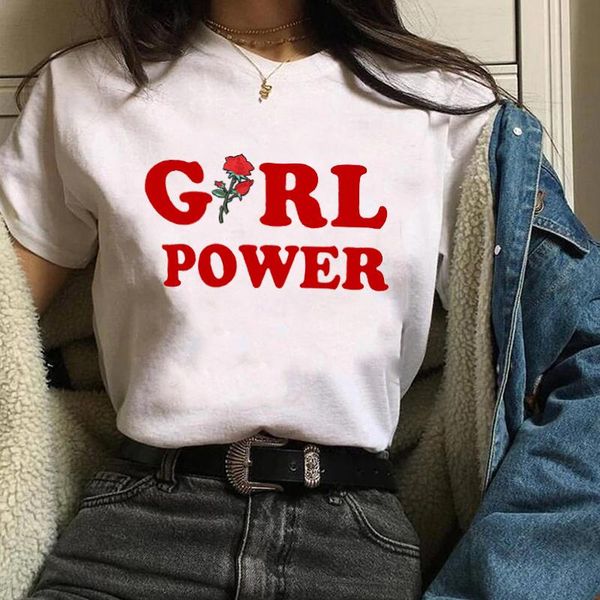 

women's t-shirt women girl power flower floral feminist fashion cute tees graphic female ladies womens lady t shirt t-shirts, White