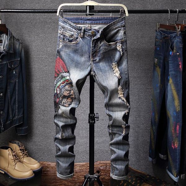 Jeans da uomo Pantalone denim oversize Indiani di alta qualità Ricama Retro Strappato Streetwear Abbigliamento uomo dritto BF1701