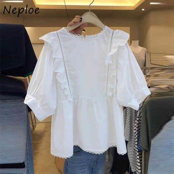 

chic lace hollow shirt women summer short sleeve casual loose solid color blouse round neck sweet ladies 210422, White
