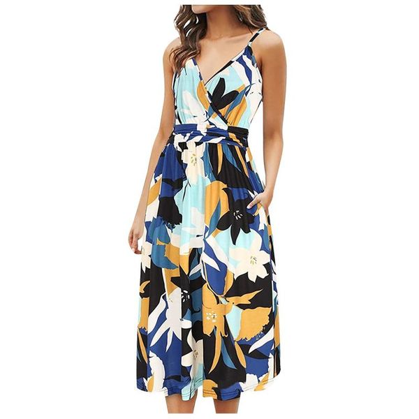 

women's blouses & shirts strap summer dresses v neck holiday beach dress sleeveless bow mid colf a -line print spaghetti casual women, White