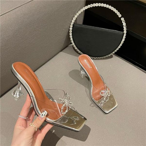 

slippers peep toe casual shoes woman 2021 low pantofle butterfly-knot glitter slides thin heels luxury summer jelly, Black