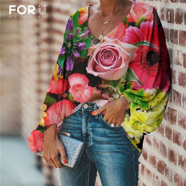 

forudesigns large size women blouse rose pattern flower printing 2021 casual loose long sleeve shirt v-neck female clothing, White