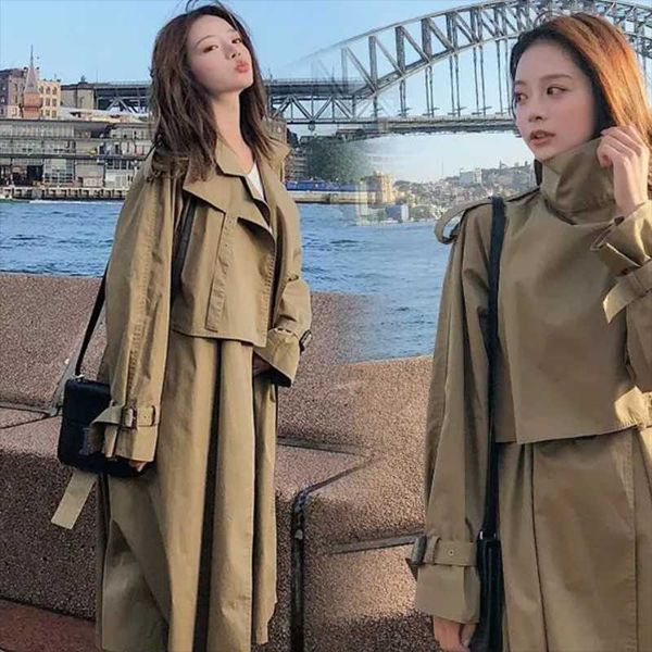 

women's trench coats spring and autumn windbreaker jacket mid-length over the knee fashion style female coat, Tan;black