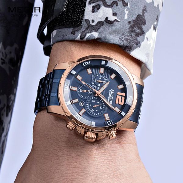 

wristwatches megir stainless steel blue strap chronograph quartz watches men fashion luxury brand luminous watch wristwatch man relogios, Slivery;brown