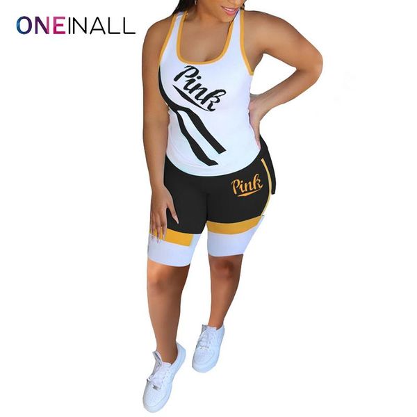 

women's tracksuits oneinall print letter two piece set for women o neck sleeveless high waist skinny shorts hit color sets female 2, Gray