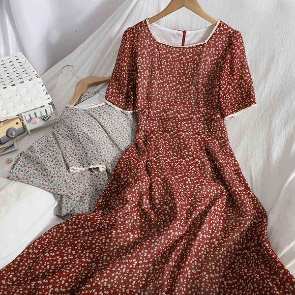

retro seaside print lace square neck short-sleeved chiffon boho dress woemns sweet floral summer korean slim female 210420, Black;gray
