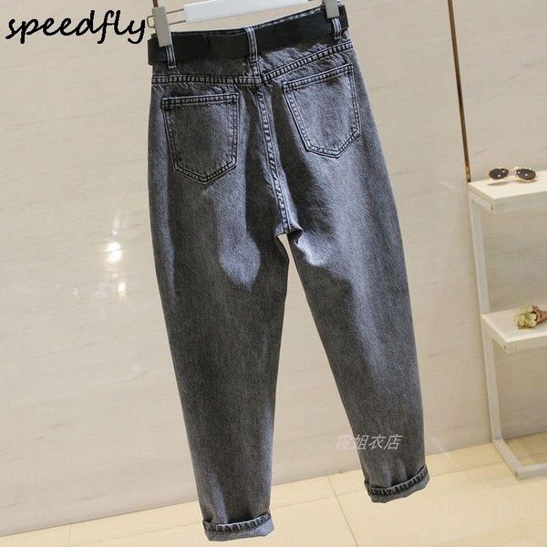 

streetwear hip hop pants vintage high waist straight pencil jeans student 's gray loose haren women men's, Blue