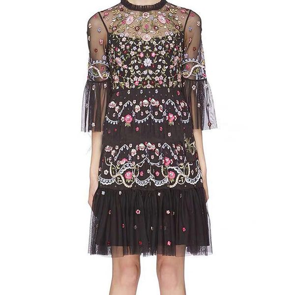 

dress sterile flower embroidery hand splicing malha trumpet glova from women's vintage summer elegant black/apricot cascading dressed, Black;gray