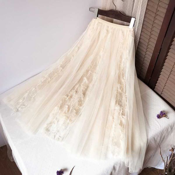 

embroidery a-line tutu lace mesh skirt women elegant tulle long pleated midi summer 210601, Black