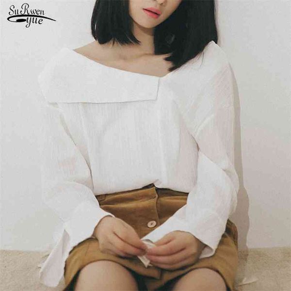 

blusas autumn blouse loose solid v-neck long-sleeve women shirt cotton linen korean chic ladies 10064 210421, White