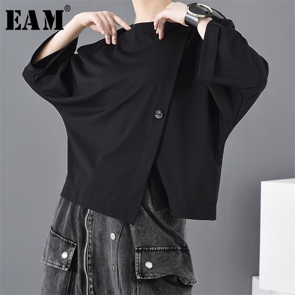

[eam] women black button vent split big size t-shirt new round neck three-quarter sleeve fashion spring autumn jt23301 210401, White