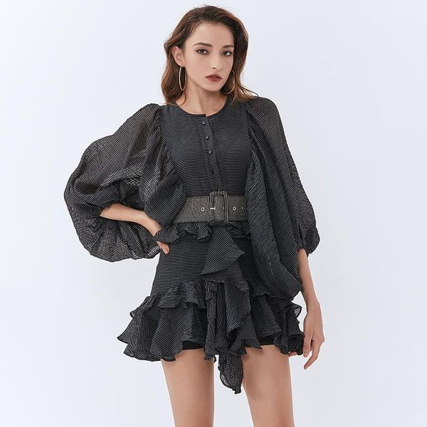 

casual dresses sashes black women dress o neck lantern sleeve high waist with patchwork ruffle elegant female autumn, Black;gray
