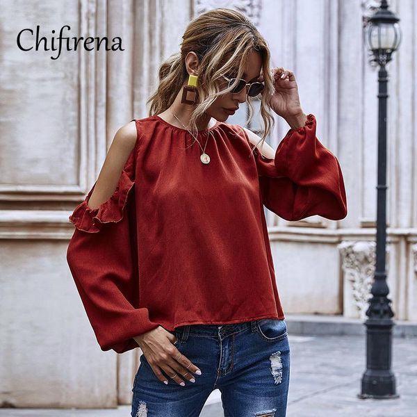 

chifirena autumn solid cold shoulder blouse women o neck loose elegant puff sleeve sweet cute blousas streetwear women's blouses & shi, White