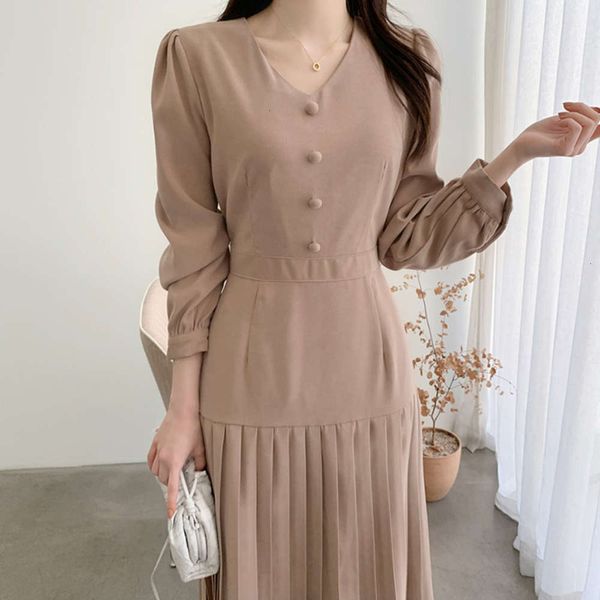 

casual dresses dress spring simple v-neck bubble over the knee pleated skirt bandage waist long sleeve 71bx, Black;gray