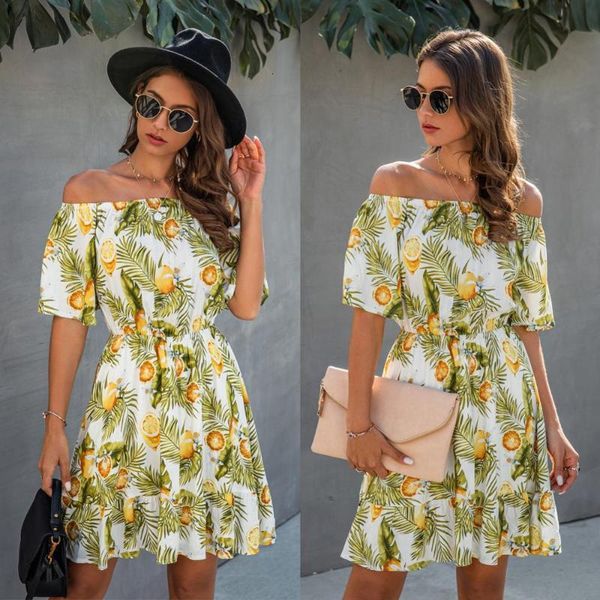 

party dresses summer slash neck off shoulder backless ruffles women beach style half sleeve lemon leaf print knee length anw9, White;black