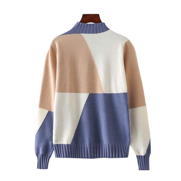 

women sweater knitted blue khaki patchwork stand collar thin geometric autumn casual m0061 210514, White;black