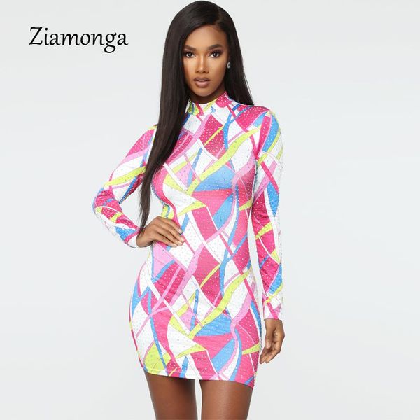 

casual dresses ziamonga women apparel elegant geometric printed bodyocn dress high neck mini fashion autumn diamond personality, Black;gray