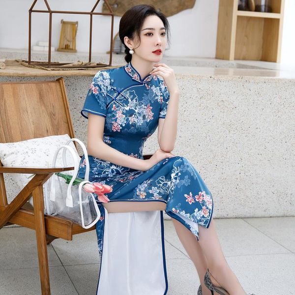 

ethnic clothing women prined satin handmade button qipao elegant short sleeve orientale banquet chinese mandarin collar cheongsam oversize 4, Red