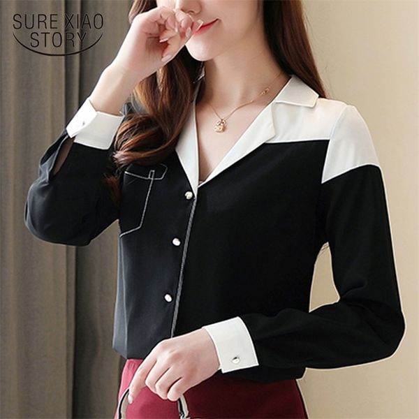 

spring fashion korean elegant clothing ol long sleeve chiffon blouse v-neck spiced shirts women blusas ladies 8476 50 210510, White