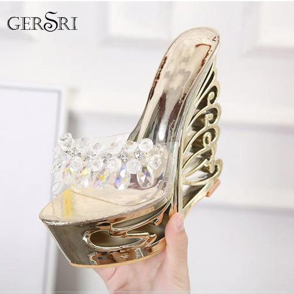

slippers gersri summer women shoes diamond high-heeled 14.5cm sandals crystal 5.5cm waterproof fretwork heels slides, Black