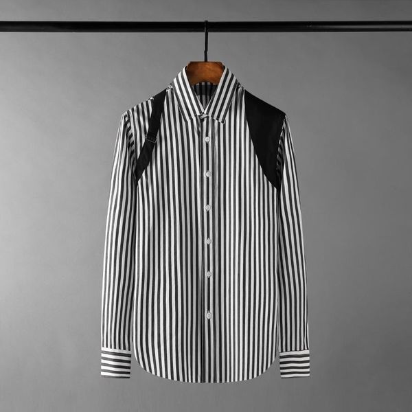 

men's casual shirts black splicing male luxury long sleeve stripe mens dress fashion loose metal buckle man, White;black