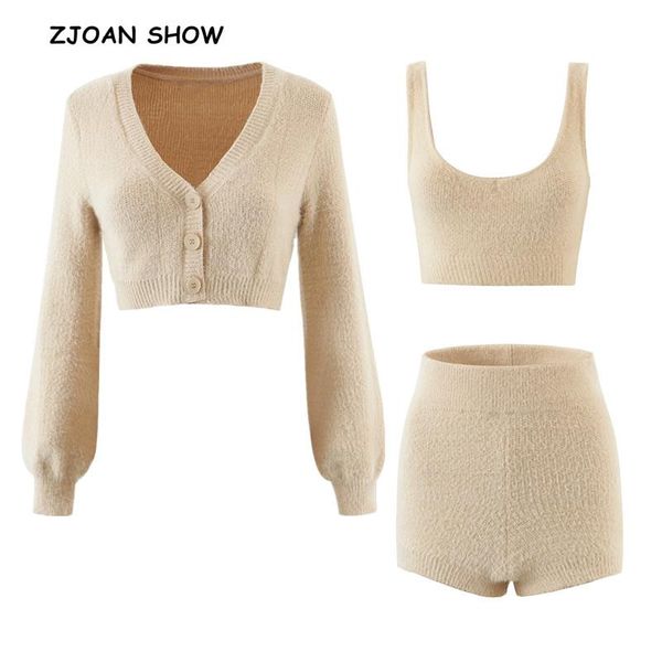 

women's tracksuits 2021 vintage set shaggy korea style apricot cardigan furry single-breasted button tank mini shorts knitted sweater 1, Gray