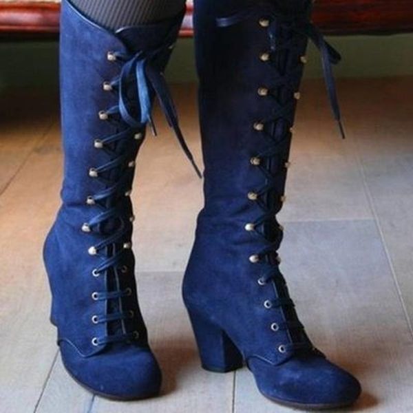 

boots medieval women's casual riding winter lace up suede long tube knight boot female high heel cowboy shoes mid-calf 2021, Black