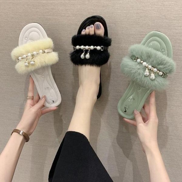

slippers open toe plush womens flat sandals fashion beaded decoration outdoor casual hairy women shoes, Black