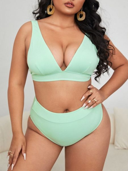 

plus ribbed seam detail high waisted bikini swimsuit o9c3#, Black