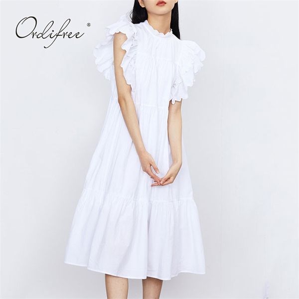 

summer women white ruffle dress sleeveless loose casual midi shirt 210513, Black;gray