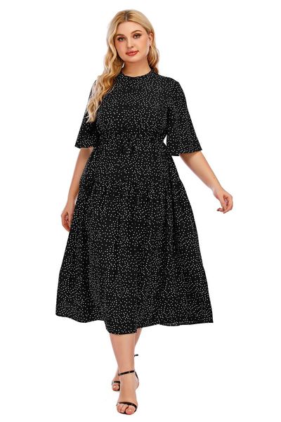 

bofute plus size women's wrinkled polka dot dress long skirt sq0166, Black