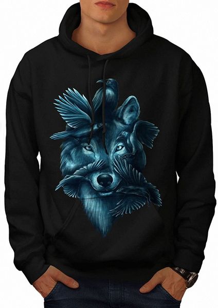 

wellcoda wolf spirit ghost animal mens hoodie, hooded sweatshirt t83q#, Black