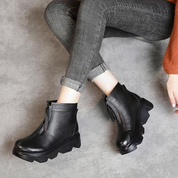 

boots platform ankle genuine leather women comfortable shoes chunky platforms brown black boot woman fashion