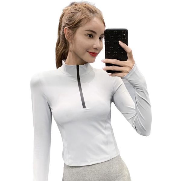 

yoga outfits women gym crop shirts long sleeve workout fitness running zipper t-shirts training sportswear sexy, White;red