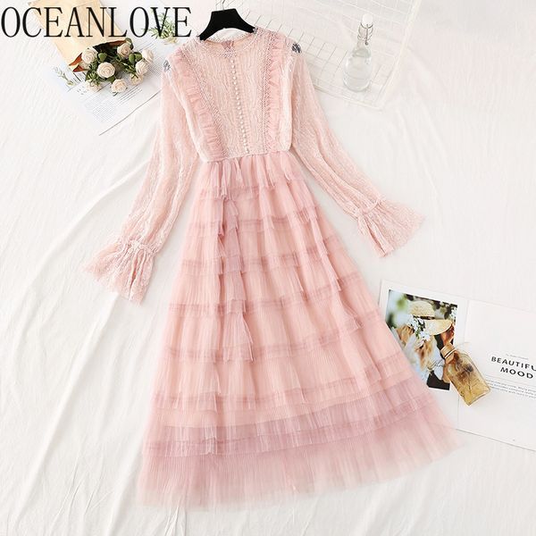 

lace a-line vestidos spring chic elegant mesh women dress ruffles high waist solid beading party dresses 15421 210415, Black;gray