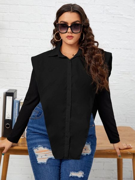 

plus solid split side blouse c9js#, Black