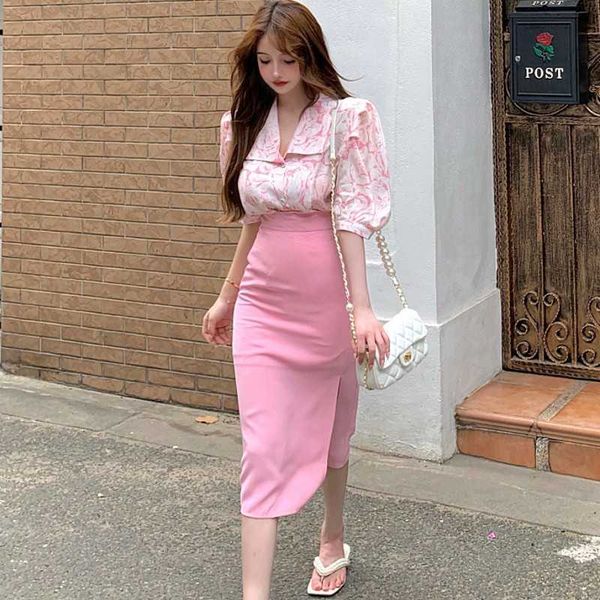 

summer fashion women printed puff sleeve chiffon shirt + side slit high waist skirt two piece sets 210531, White